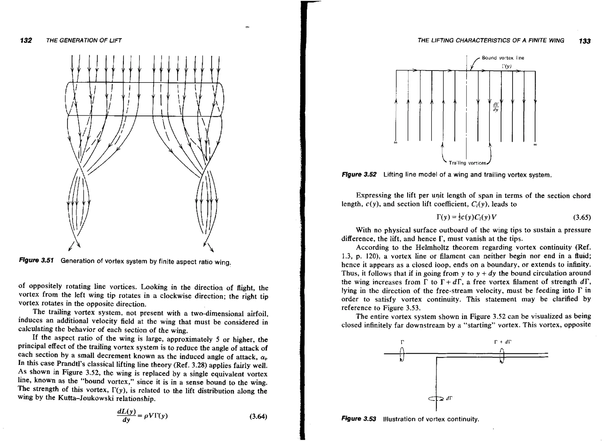 132

THE LlFTlNG CHARACTERlSTlCS OF A FINITE WlNG

THE GENERATION OF LIFT

1

/

133

Bound vortex I n e

Tra:ling vorrlces

figure 3.52

Lifting line model of a wing and trailing vortex system.

Expressing the lift per uqit length of span in terms of the section chord
length, c(y), and section lift coefficient, Cl(y),leads to

ffgure 3.51 Generation of vortex system by finite aspect ratio wing.

af oppositely rotating line vortices. Looking in the direction of flight, the
vortex from the left wing tip rotates in a clockwise direction; the right tip
vortex rotates in the opposite direction.
The trailing vortex system, not present with a two-dimensional airfoil,
induces an additional velocity field at the wing that must be considered in
calculating the behavior of each section of the wing.
If the aspect ratio af the wing is large, approximately 5 or higher, the
principal effect of the trailing vortex system is to reduce the angle of attack of
each section by a small decrement known as the induced angle of attack, ai.
In this case Prandtl's classical lifting line theory (Ref. 3.28) applies fairly well.
As shown in Figure 3.52, the wing is replaced by a single equivalent vortex
line, known as the "bound vortex," since it is in a sense bound to the wing.
The strength of this vortex, r(y), is related to the lift distribution along the
wing by the Kutta-Joukowski relationship.

With no physical surface outboard of the wing tips to sustain a pressure
difference, the lift, and hence r, must vanish at the tips.
According to the Helmholtz theorem regarding vortex continuity (Ref.
1.3, p. 120), a vortex line or filament can neither begin nor end in a fluid;
hence it appears as a closed loop, ends on a boundary, or extends to infinity.
Thus, it follows that if in going from y to y + dy the bound circulation around
the wing increases from r to T + d r , a free vortex filament of strength dT,
lying in the direction of the free-stream velocity, must be feeding into r in
order to satisfy vortex continuity. This statement may be clarified by
reference to Figure 3.53.
The entire vortex system shown in Figure 3.52 can be visualized as being
closed infinitely far downstream b y a "starting" vortex. This vortex, opposite

Figure 3-53 illustration of vortex continuity.

 
