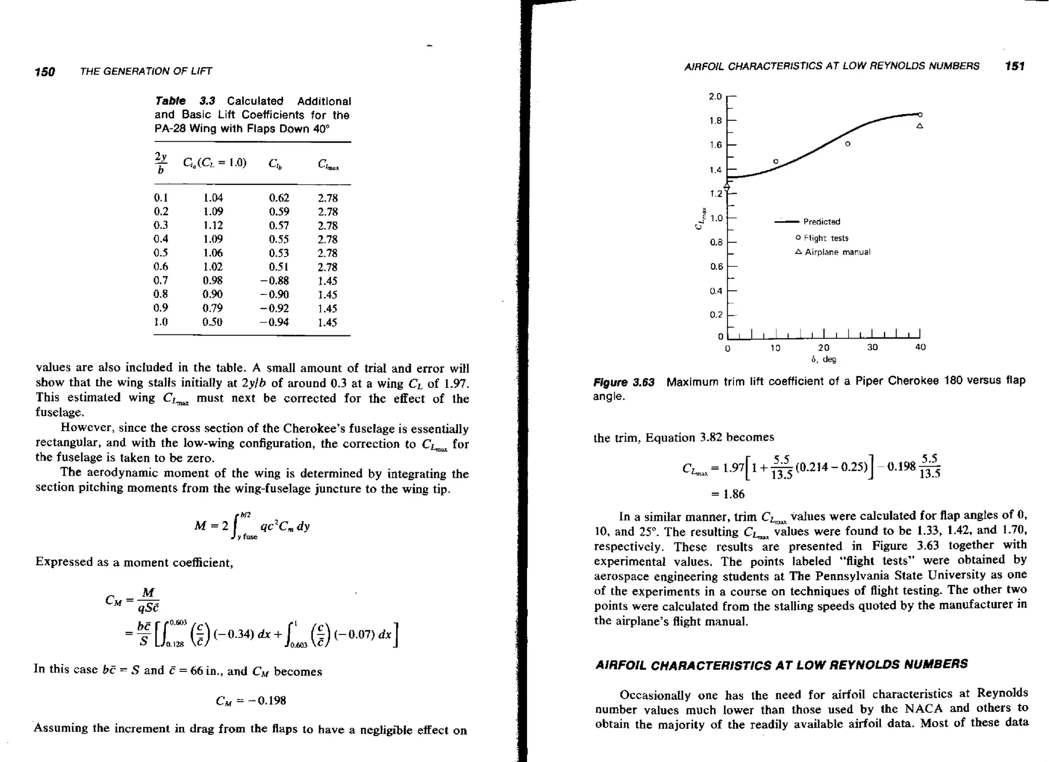 150

THE GENERATION

AIRFOIL CHARACTERISTlCS AT LOW REYNOLDS NUMBERS

OF LIFT

151

Table 3.3 Calculated Additional
and Basic Lift Coefficients tor the
PA-28 Wing with Flaps Down 40"

-

1.0

Predicted

'3

0 Flight tests

A Airplane manual

0.4

0.2

values are also included in the table. A small amount of trial and error wiH
show that the wing stalls initially at 2yIb of around 0.3 at a wing CL of 1.97.
This estimated wing CLmm
must next be corrected for the effect of the
fuselage.
However, since the cross section of the Cherokee's fuselage is essentially
rectangular, and with the low-wing configuration, the correction to CL,=for
the fuselage is taken to be zero.
The aerodynamic moment of the wing is determined by integrating the
section pitching moments from the wing-fuselage juncture to the wing tip,

Figure 3 6 Maximum trim
.3

lift coefficient of

a Piper Cherokee 180 versus flap

angle.

the trim, Equation 3.82 becomes

In a similar manner, trim CL,&values were calculated for flap angles of 0 ,
10, and 25". The resulting CLaX
values were found to be 1.33, 1.42, and 1.70,
respectively, These results are presented in Figure 3.63 together with
Expressed as a moment coefficient,

experimental values. The points labeled "flight tests" were obtained by
aerospace engineering students at The Pennsylvania State University as one
of the experiments in a course on techniques of flight testing. The other two
points were calculated from the stalling speeds quoted by the manufacturer in
the airplane's flight manual.

In this case bE

AIRFOIL CHARACTERlSTICS AT LOW REYNOLDS NUMBERS

=S

and E

= 66 in.,

and CM becomes

Assuming the increment in drag from the flaps to have a negligible effect on

OccasionaUy one has the need for airfoil characteristics a Reynolds
t
number values much lower than those used by the NACA and others to
obtain the majority of the readily available airfoil data. Most of these data

 