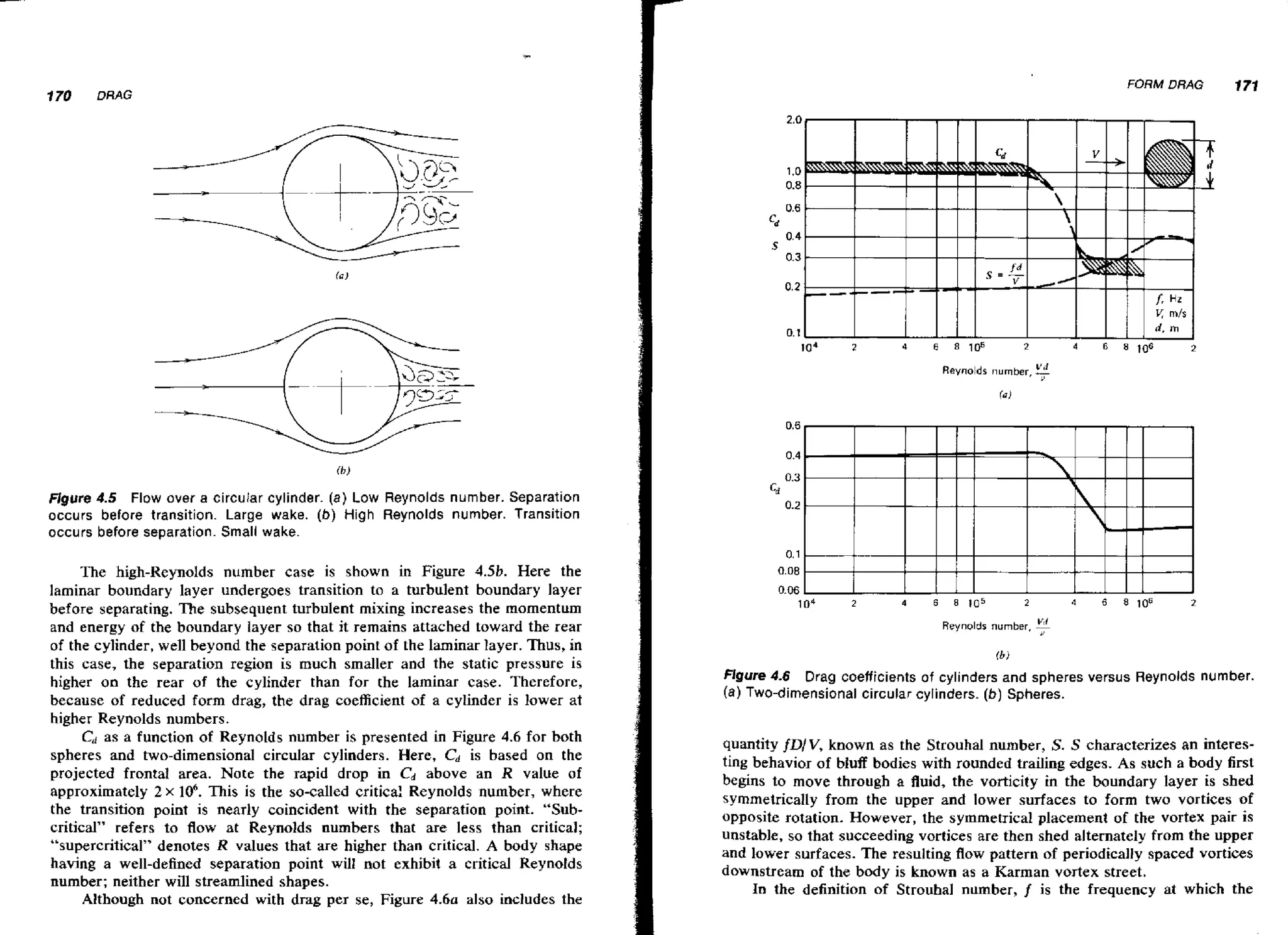 FORM DRAG

171

Reyriolds number,

Figure 4.5 Flow over a circular cylinder. (a) Low Reynolds number. Separation
occurs before transition. Large wake. (b) High Reynolds number. Transition
occurs before separation. Small wake.

The high-Reynolds number case is shown in Figure 4.5b. Here the
laminar boundary layer undergoes transition to a turbulent boundary layer
before separating. The subsequent turbulent mixing increases the momentum
and energy of the boundary layer so that it remains attached toward the rear
of the cylinder, well beyond the separation point of the laminar layer. Thus, in
this case, the separation region is much smaller and the static pressure is
higher on the rear of the cylinder than for the laminar case. Therefore,
because of reduced form drag, the drag coefficient of a cylinder is lower at
higher Reynolds numbers,
C as a function of Reynolds number is presented in Figure 4.6 for both
d
spheres and two-dimensional circular cylinders. Here, Cd is based on the
projected frontal area. Note the rapid drop in C d above an R value of
approximately 2 x lo6. This is the so-called critical Reynolds number, where
the transition point is nearly coincident with the separation point. "Subcritical" refers to flow at Reynolds numbers that are less than critical;
"supercritical" denotes R values that are higher than critical. A body shape
having a well-defined separation point will not exhibit a critical Reynolds
number; neither will streamlined shapes.
also includes the
Although not concerned with drag per se, Figure 4 . 6 ~

Reynolds number,

5

Figure 4.6 Drag coefficients of cylinders and spheres versus Reynolds number.
( a ) Two-dimensional circular cylinders. (b) Spheres.
quantity f u V , known as the Strouhal number, S. S characterizes an interesting behavior of bluff bodies with rounded trailing edges. As such a body first
begins to move through a fluid, the vorticity in the boundary layer is shed
symmetrically from the upper and lower surfaces to form two vortices of
opposite rotation. However, the symmetrical placement of the vortex pair is
unstable, so that succeeding vortices are then shed alternately from the upper
and lower surfaces. The resulting flow pattern of periodically spaced vortices
downstream of the body is known as a Karrnan vortex street.
In the definition of Strouhal number, f is the frequency at which the

 