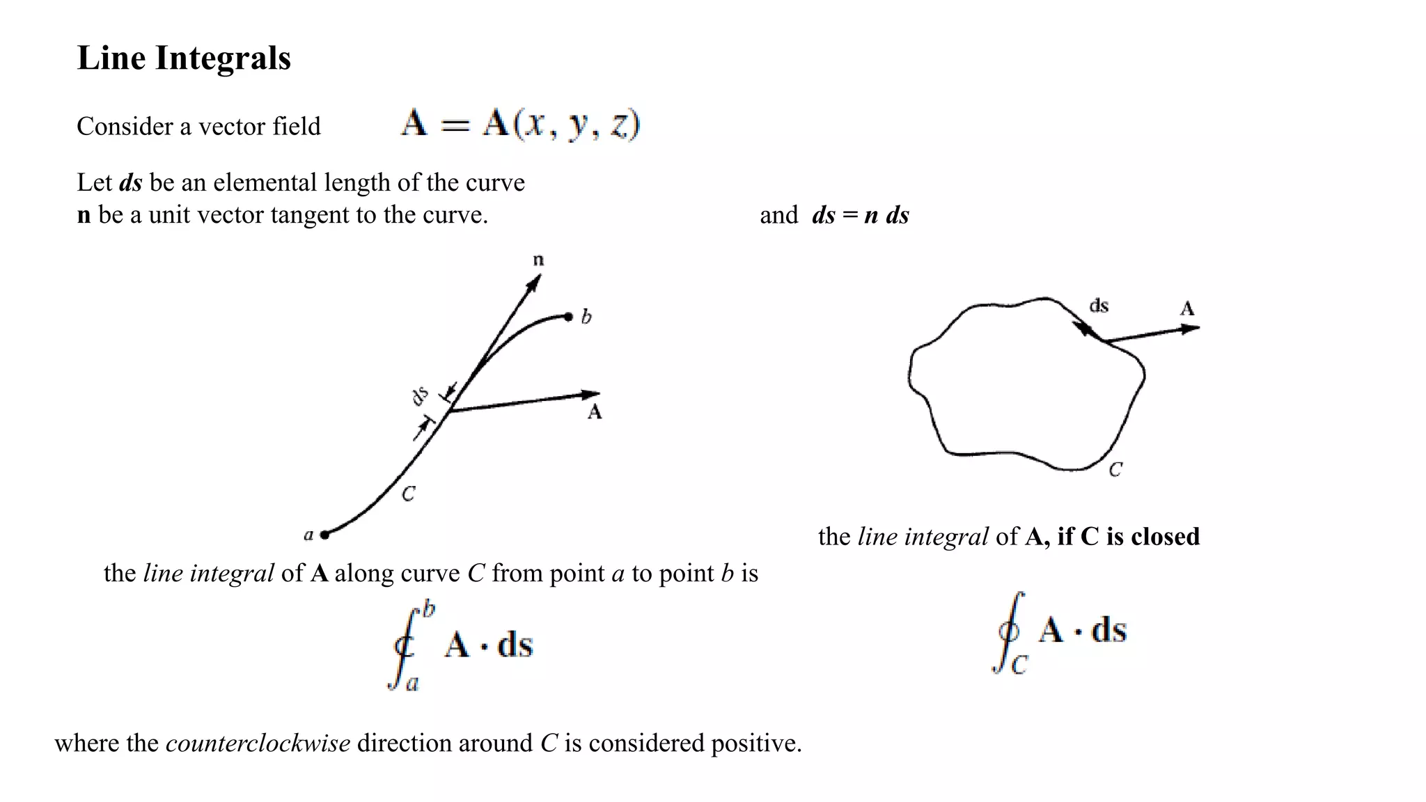 Line Integrals
Consider a vector field
Let ds be an elemental length of the curve
n be a unit vector tangent to the curve. and ds = n ds
the line integral of A along curve C from point a to point b is
the line integral of A, if C is closed
where the counterclockwise direction around C is considered positive.
 