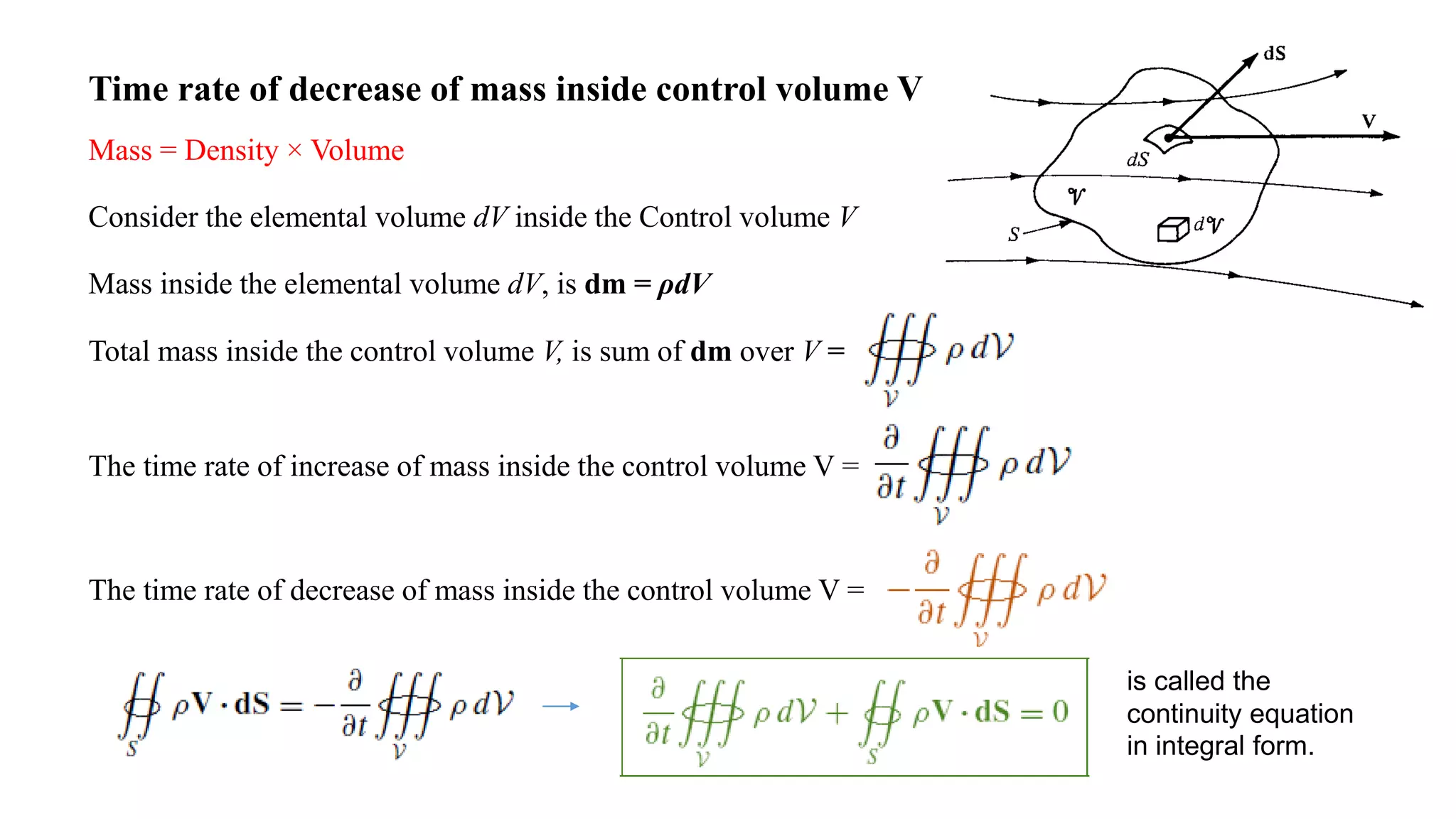 Time rate of decrease of mass inside control volume V
Mass = Density × Volume
Consider the elemental volume dV inside the Control volume V
Mass inside the elemental volume dV, is dm = ρdV
Total mass inside the control volume V, is sum of dm over V =
The time rate of increase of mass inside the control volume V =
The time rate of decrease of mass inside the control volume V =
is called the
continuity equation
in integral form.
 