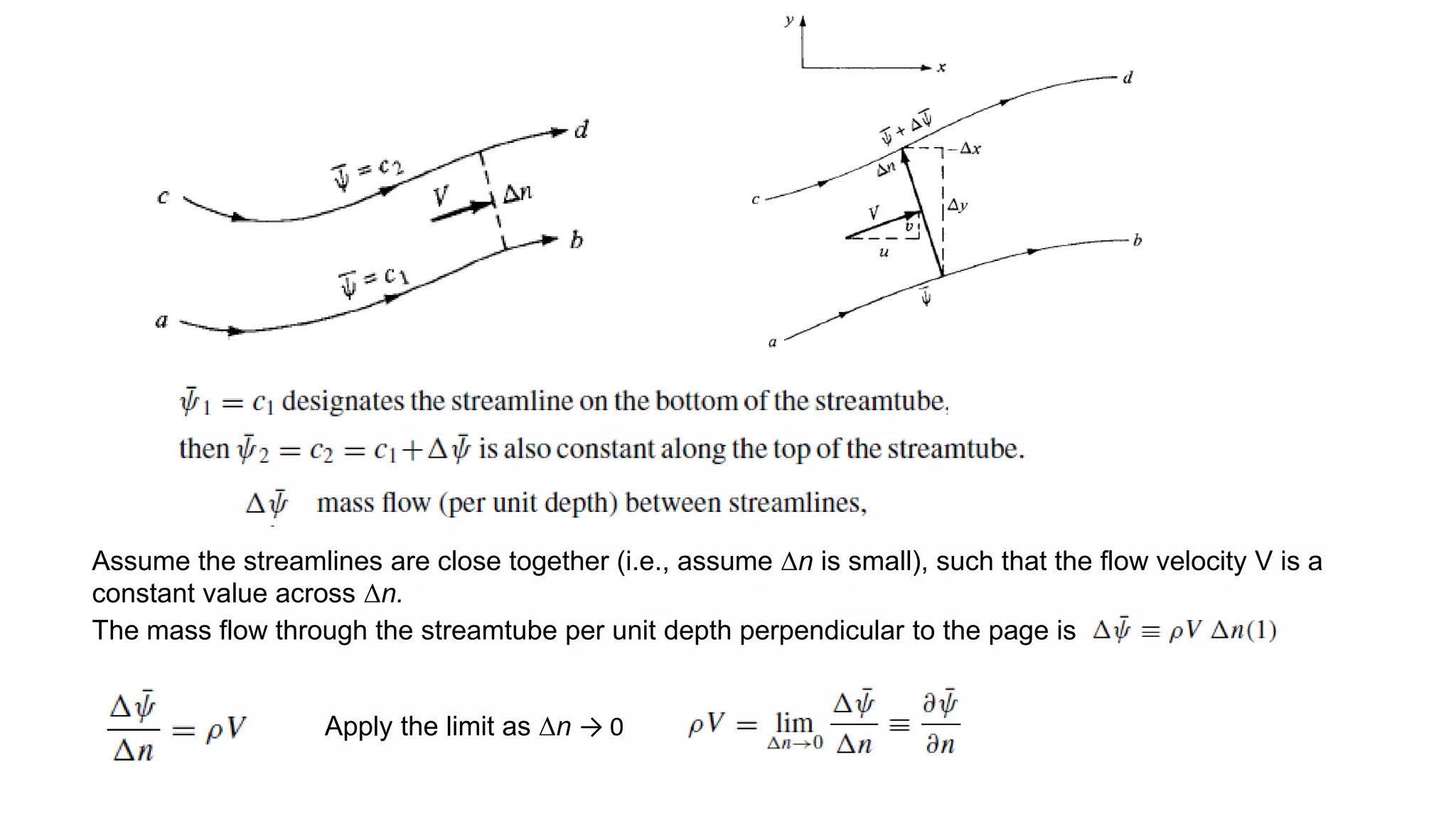 Assume the streamlines are close together (i.e., assume Δn is small), such that the flow velocity V is a
constant value across Δn.
The mass flow through the streamtube per unit depth perpendicular to the page is
Apply the limit as Δn → 0
 