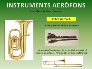 INSTRUMENTS AERÒFONSHi ha diferents tipus d’aeròfon .El tipus d’embocadura és de broquet.La majoria d’instruments de vent metall fan servir el sistema de pistons... Però, on són els pistons al trombó?