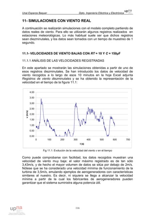 Unai Esparza Baquer Dpto. Ingeniería Eléctrica y Electrónica
116
11- SIMULACIONES CON VIENTO REAL
A continuación se realizarán simulaciones con el modelo completo partiendo de
datos reales de viento. Para ello se utilizarán algunos registros realizados en
estaciones meteorológicas. Lo más habitual suele ser que dichos registros
sean diezminutales, y los datos sean tomados con un tiempo de muestreo de 1
segundo.
11.1- VELOCIDADES DE VIENTO BAJAS CON RT = 10 Y C = 150µF
11.1.1 ANÁLISIS DE LAS VELOCIDADES REGISTRADAS
En este apartado se mostrarán las simulaciones obtenidas a partir de uno de
esos registros diezminutales. Se han introducido los datos de velocidad de
viento recogidos a lo largo de esos 10 minutos en la hoja Excel adjunta
Registros de viento diezminutales y se ha obtenido la representación de la
velocidad en el tiempo de la figura 11.1:
0,00
0,50
1,00
1,50
2,00
2,50
3,00
3,50
4,00
0 100 200 300 400 500 600 700
t (s)
v(m/s)
Fig 11.1: Evolución de la velocidad del viento v en el tiempo
Como puede comprobarse con facilidad, los datos recogidos muestran una
velocidad de viento muy baja: el valor máximo registrado es de tan sólo
3,43m/s, y de hecho el mayor volumen de datos se sitúa por debajo de 2m/s.
Nótese que se ha considerado una velocidad mínima de funcionamiento de la
turbina de 3,5m/s, emulando ejemplos de aerogeneradores con características
similares al nuestro. Es decir, ni siquiera se llega a alcanzar la velocidad
mínima a partir de la cual los fabricantes de aerogeneradores pueden
garantizar que el sistema suministra alguna potencia útil.
 