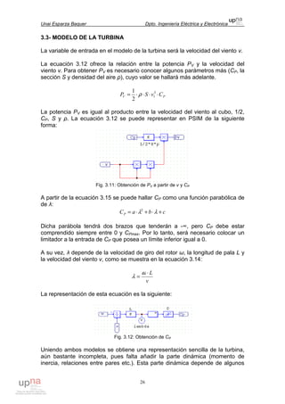 Unai Esparza Baquer Dpto. Ingeniería Eléctrica y Electrónica
26
3.3- MODELO DE LA TURBINA
La variable de entrada en el modelo de la turbina será la velocidad del viento v.
La ecuación 3.12 ofrece la relación entre la potencia PV y la velocidad del
viento v. Para obtener PV es necesario conocer algunos parámetros más (CP, la
sección S y densidad del aire ρ), cuyo valor se hallará más adelante.
PV CvSP ⋅⋅⋅⋅= 3
1
2
1
ρ
La potencia PV es igual al producto entre la velocidad del viento al cubo, 1/2,
CP, S y ρ. La ecuación 3.12 se puede representar en PSIM de la siguiente
forma:
Fig. 3.11: Obtención de PV a partir de v y CP
A partir de la ecuación 3.15 se puede hallar CP como una función parabólica de
de λ:
cbaCP +⋅+⋅= λλ2
Dicha parábola tendrá dos brazos que tenderán a -∞, pero CP debe estar
comprendido siempre entre 0 y CPmax. Por lo tanto, será necesario colocar un
limitador a la entrada de CP que posea un límite inferior igual a 0.
A su vez, λ depende de la velocidad de giro del rotor ω, la longitud de pala L y
la velocidad del viento v, como se muestra en la ecuación 3.14:
v
L⋅
=
ω
λ
La representación de esta ecuación es la siguiente:
Fig. 3.12: Obtención de CP
Uniendo ambos modelos se obtiene una representación sencilla de la turbina,
aún bastante incompleta, pues falta añadir la parte dinámica (momento de
inercia, relaciones entre pares etc.). Esta parte dinámica depende de algunos
 