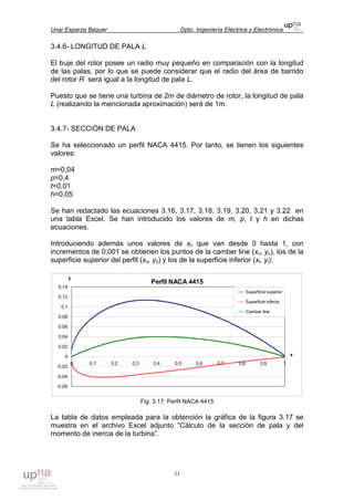 Unai Esparza Baquer Dpto. Ingeniería Eléctrica y Electrónica
31
3.4.6- LONGITUD DE PALA L
El buje del rotor posee un radio muy pequeño en comparación con la longitud
de las palas, por lo que se puede considerar que el radio del área de barrido
del rotor R será igual a la longitud de pala L.
Puesto que se tiene una turbina de 2m de diámetro de rotor, la longitud de pala
L (realizando la mencionada aproximación) será de 1m.
3.4.7- SECCIÓN DE PALA
Se ha seleccionado un perfil NACA 4415. Por tanto, se tienen los siguientes
valores:
m=0,04
p=0,4
t=0,01
h=0,05
Se han redactado las ecuaciones 3.16, 3.17, 3.18, 3.19, 3.20, 3.21 y 3.22 en
una tabla Excel. Se han introducido los valores de m, p, t y h en dichas
ecuaciones.
Introduciendo además unos valores de xc que van desde 0 hasta 1, con
incrementos de 0,001 se obtienen los puntos de la camber line (xc, yc), los de la
superficie superior del perfil (xs, ys) y los de la superficie inferior (xi, yi):
Perfil NACA 4415
-0,06
-0,04
-0,02
0
0,02
0,04
0,06
0,08
0,1
0,12
0,14
0 0,1 0,2 0,3 0,4 0,5 0,6 0,7 0,8 0,9 1
x
y
Superficie superior
Superficie inferior
Camber line
Fig. 3.17: Perfil NACA 4415
La tabla de datos empleada para la obtención la gráfica de la figura 3.17 se
muestra en el archivo Excel adjunto “Cálculo de la sección de pala y del
momento de inercia de la turbina”.
 