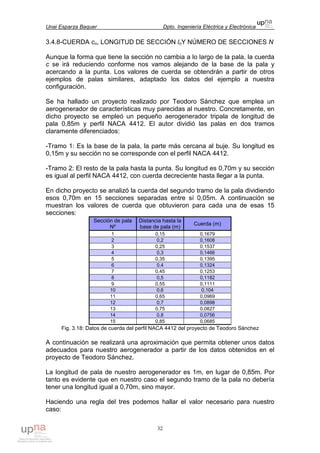 Unai Esparza Baquer Dpto. Ingeniería Eléctrica y Electrónica
32
3.4.8-CUERDA cn, LONGITUD DE SECCIÓN lnY NÚMERO DE SECCIONES N
Aunque la forma que tiene la sección no cambia a lo largo de la pala, la cuerda
c se irá reduciendo conforme nos vamos alejando de la base de la pala y
acercando a la punta. Los valores de cuerda se obtendrán a partir de otros
ejemplos de palas similares, adaptado los datos del ejemplo a nuestra
configuración.
Se ha hallado un proyecto realizado por Teodoro Sánchez que emplea un
aerogenerador de características muy parecidas al nuestro. Concretamente, en
dicho proyecto se empleó un pequeño aerogenerador tripala de longitud de
pala 0,85m y perfil NACA 4412. El autor dividió las palas en dos tramos
claramente diferenciados:
-Tramo 1: Es la base de la pala, la parte más cercana al buje. Su longitud es
0,15m y su sección no se corresponde con el perfil NACA 4412.
-Tramo 2: El resto de la pala hasta la punta. Su longitud es 0,70m y su sección
es igual al perfil NACA 4412, con cuerda decreciente hasta llegar a la punta.
En dicho proyecto se analizó la cuerda del segundo tramo de la pala dividiendo
esos 0,70m en 15 secciones separadas entre sí 0,05m. A continuación se
muestran los valores de cuerda que obtuvieron para cada una de esas 15
secciones:
Sección de pala
Nº
Distancia hasta la
base de pala (m)
Cuerda (m)
1 0,15 0,1679
2 0,2 0,1608
3 0,25 0,1537
4 0,3 0,1466
5 0,35 0,1395
6 0,4 0,1324
7 0,45 0,1253
8 0,5 0,1182
9 0,55 0,1111
10 0,6 0,104
11 0,65 0,0969
12 0,7 0,0898
13 0,75 0,0827
14 0,8 0,0756
15 0,85 0,0685
Fig. 3.18: Datos de cuerda del perfil NACA 4412 del proyecto de Teodoro Sánchez
A continuación se realizará una aproximación que permita obtener unos datos
adecuados para nuestro aerogenerador a partir de los datos obtenidos en el
proyecto de Teodoro Sánchez.
La longitud de pala de nuestro aerogenerador es 1m, en lugar de 0,85m. Por
tanto es evidente que en nuestro caso el segundo tramo de la pala no debería
tener una longitud igual a 0,70m, sino mayor.
Haciendo una regla del tres podemos hallar el valor necesario para nuestro
caso:
 