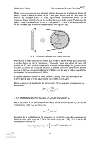 Unai Esparza Baquer Dpto. Ingeniería Eléctrica y Electrónica
50
Debe tenerse en cuenta que el radio total de la polea es la distancia desde el
centro hasta el borde exterior de la polea, pero no es éste el radio que se
busca. Se necesita hallar el radio equivalente, entendiendo como tal la
distancia desde el centro hasta los puntos de apoyo de la correa. Puesto que la
polea posee una hendidura sobre la cual apoya la correa, el radio equivalente
es en realidad algo menor que el radio total (ver figura 4.15).
Fig. 4.15: Radio equivalente y radio total de una polea
Para hallar el radio equivalente habrá que medir la altura de las guías situadas
a ambos lados de dicha hendidura, y después restar esa altura al valor del
radio total. El radio total de la pequeña polea situada en el eje del generador es
0,036m. La altura de las guías situadas a ambos lados del canal sobre el que
apoya la correa es aproximadamente 0,008m, por lo que el radio equivalente
de la polea del secundario es 0,028m.
La polea empleada posee un radio total de 0,23m y unas alturas de guía de
0,01m, por lo que el radio equivalente es en este caso 0,22m.
De la ecuación 4.2, la relación de transmisión RT’ de la polea empleada en los
ensayos es:
8
028,0
22,0
'
2
1
≈⋅=
r
r
RT
4.4.2- MOMENTO DE INERCIA DE LA MULTIPLICADORA JM
De la ecuación 4.23, el momento de inercia de la multiplicadora JM se calcula
mediante su radio rM y su masa mM:
2
2
1
MMM rmJ ⋅⋅=
La polea de la multiplicadora (la polea del eje primario) se puede considerar un
cilindro cuyo radio rMRT’ es 0,22m. Su masa mMRT’ es 1,8kg. Por lo tanto, el
momento de inercia es:
222
''' 0436,022,08,1
2
1
2
1
mkgrmJ MRTMRTMRT ⋅=⋅⋅=⋅⋅=
 