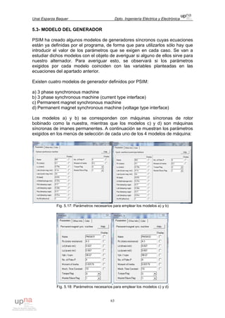 Unai Esparza Baquer Dpto. Ingeniería Eléctrica y Electrónica
63
5.3- MODELO DEL GENERADOR
PSIM ha creado algunos modelos de generadores síncronos cuyas ecuaciones
están ya definidas por el programa, de forma que para utilizarlos sólo hay que
introducir el valor de los parámetros que se exigen en cada caso. Se van a
estudiar dichos modelos con el objeto de averiguar si alguno de ellos sirve para
nuestro alternador. Para averiguar esto, se observará si los parámetros
exigidos por cada modelo coinciden con las variables planteadas en las
ecuaciones del apartado anterior.
Existen cuatro modelos de generador definidos por PSIM:
a) 3 phase synchronous machine
b) 3 phase synchronous machine (current type interface)
c) Permanent magnet synchronous machine
d) Permanent magnet synchronous machine (voltage type interface)
Los modelos a) y b) se corresponden con máquinas síncronas de rotor
bobinado como la nuestra, mientras que los modelos c) y d) son máquinas
síncronas de imanes permanentes. A continuación se muestran los parámetros
exigidos en los menús de selección de cada uno de los 4 modelos de máquina:
Fig. 5.17: Parámetros necesarios para emplear los modelos a) y b)
Fig. 5.18: Parámetros necesarios para emplear los modelos c) y d)
 