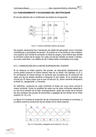 Unai Esparza Baquer Dpto. Ingeniería Eléctrica y Electrónica
74
6.2- FUNCIONAMIENTO Y ECUACIONES DEL RECTIFICADOR
El circuito eléctrico de un rectificador de diodos es el siguiente:
Fig. 6.1: Puente rectificador trifásico de diodos
Se pueden representar las 3 tensiones de salida del generador como 3 fuentes
monofásicas y senoidales de tensión. El puente en sí se divide en dos mitades,
una superior (por donde la corriente va hacia la carga) y otra inferior (por donde
la corriente vuelve de la carga). En cada una de las mitades se tienen 3 diodos,
uno para cada fase. Las salidas de las 3 fases están conectadas a la carga.
6.2.1- CONDUCCIÓN EN LA MITAD SUPERIOR DEL PUENTE
Si se observa la mitad superior del puente, se descubrirá rápidamente que
nunca podrá conducir al mismo tiempo más de un diodo. Por ejemplo, si D1 y
D2 condujeran al mismo tiempo, la corriente que circularía por el conductor de
cada uno de los diodos tendería a bloquear el otro diodo. Si la corriente que
circula por D1 fuera mayor que la que circula por D2, dicha corriente bloquearía
el diodo D2, apagándolo; y viceversa.
En definitiva, conducirá en cada momento el diodo por cuya rama circule la
mayor corriente. Como la amplitud de cada una de esas corrientes depende a
su vez de la tensión de la fase correspondiente, serán las ondas de la tensión
las que marquen las pautas de encendido y apagado de los diodos de la mitad
superior D1, D2 y D3.
La figura 4.2 muestra la evolución de las 3 tensiones de entrada en el tiempo, y
su efecto sobre la conducción de los diodos de la mitad superior:
Fig. 4.2: Encendido y apagado de los diodos D1, D2 y D3
 