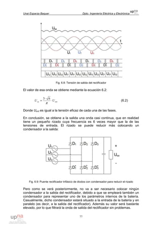 Unai Esparza Baquer Dpto. Ingeniería Eléctrica y Electrónica
77
Fig. 6.8: Tensión de salida del rectificador
El valor de esa onda se obtiene mediante la ecuación 6.2:
entsa UU ⋅
⋅
=
π
63
(6.2)
Donde Uent es igual a la tensión eficaz de cada una de las fases.
En conclusión, se obtiene a la salida una onda casi continua, que en realidad
tiene un pequeño rizado cuya frecuencia es 6 veces mayor que la de las
tensiones de entrada. El rizado se puede reducir más colocando un
condensador a la salida:
Fig. 6.9: Puente rectificador trifásico de diodos con condensador para reducir el rizado
Pero como se verá posteriormente, no va a ser necesario colocar ningún
condensador a la salida del rectificador, debido a que se empleará también un
condensador para representar uno de los parámetros internos de la batería.
Casualmente, dicho condensador estará situado a la entrada de la batería y en
paralelo (es decir, a la salida del rectificador). Además su valor será bastante
elevado, por lo que filtrará la onda de salida del rectificador sin problemas.
 
