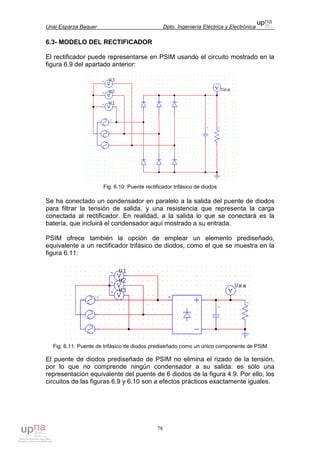 Unai Esparza Baquer Dpto. Ingeniería Eléctrica y Electrónica
78
6.3- MODELO DEL RECTIFICADOR
El rectificador puede representarse en PSIM usando el circuito mostrado en la
figura 6.9 del apartado anterior:
Fig. 6.10: Puente rectificador trifásico de diodos
Se ha conectado un condensador en paralelo a la salida del puente de diodos
para filtrar la tensión de salida, y una resistencia que representa la carga
conectada al rectificador. En realidad, a la salida lo que se conectará es la
batería, que incluirá el condensador aquí mostrado a su entrada.
PSIM ofrece también la opción de emplear un elemento prediseñado,
equivalente a un rectificador trifásico de diodos, como el que se muestra en la
figura 6.11:
Fig. 6.11: Puente de trifásico de diodos prediseñado como un único componente de PSIM
El puente de diodos prediseñado de PSIM no elimina el rizado de la tensión,
por lo que no comprende ningún condensador a su salida: es sólo una
representación equivalente del puente de 6 diodos de la figura 4.9. Por ello, los
circuitos de las figuras 6.9 y 6.10 son a efectos prácticos exactamente iguales.
 