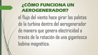 ¿CÓMO FUNCIONA UN
AEROGENERADOR?
el flujo del viento hace girar las paletas
de la turbina dentro del aerogenerador
de manera que genera electricidad a
través de la rotación de una gigantesca
bobina magnética.
 