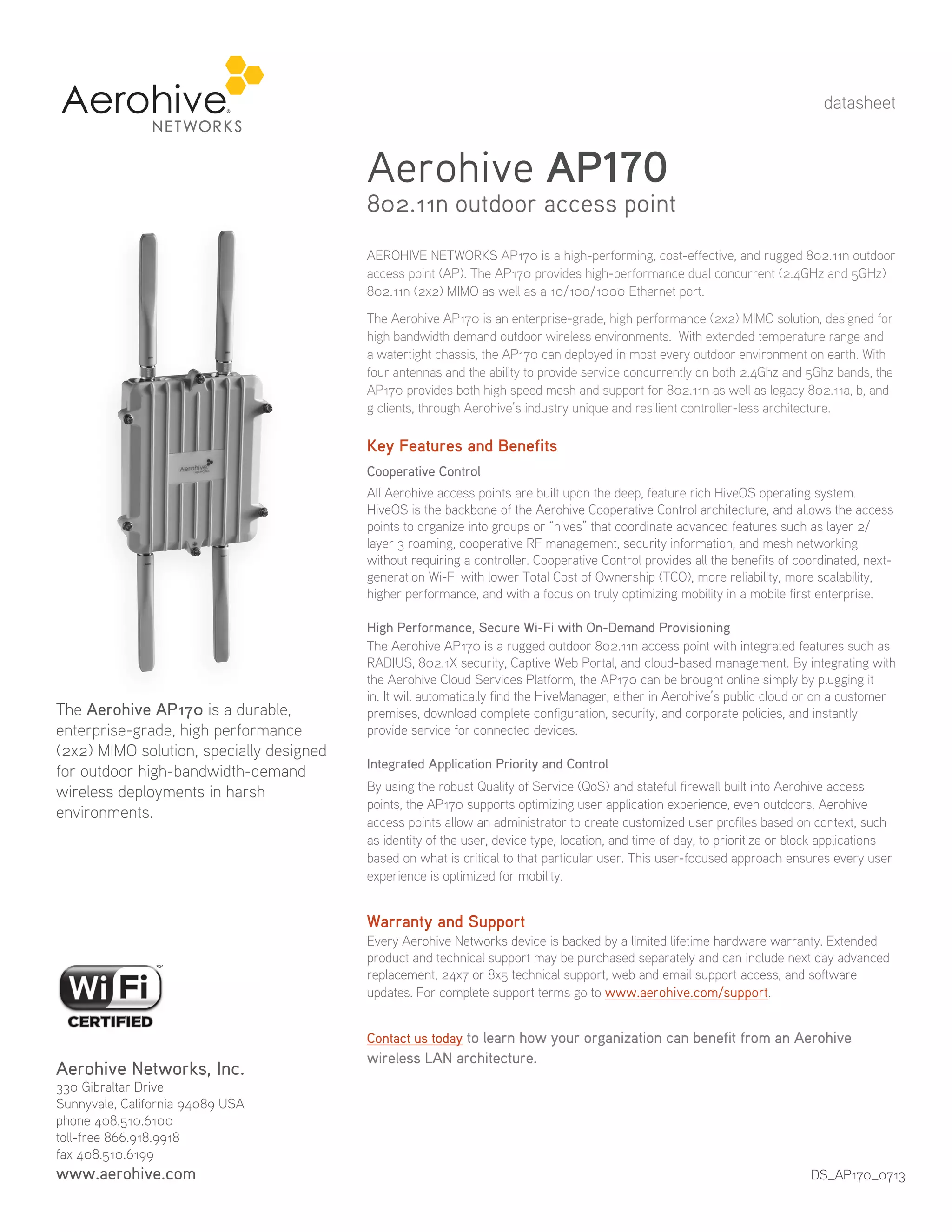 Aerohive AP170 802.11n Outdoor Wireless Access Point PDF