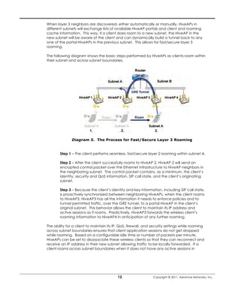 When layer 3 neighbors are discovered, either automatically or manually, HiveAPs in
different subnets will exchange lists of available HiveAP portals and client and roaming
cache information. This way, if a client does roam to a new subnet, the HiveAP in the
new subnet will be aware of the client and can dynamically build a tunnel back to any
one of the portal HiveAPs in the previous subnet. This allows for fast/secure layer 3
roaming.

The following diagram shows the basic steps performed by HiveAPs as clients roam within
their subnet and across subnet boundaries.




               Diagram 5. The Process for Fast/Secure Layer 3 Roaming


        Step 1 – The client performs seamless, fast/secure layer 2 roaming within subnet A.

        Step 2 – After the client successfully roams to HiveAP 2, HiveAP 2 will send an
        encrypted control packet over the Ethernet infrastructure to HiveAP neighbors in
        the neighboring subnet. The control packet contains, as a minimum, the client’s
        identity, security and QoS information, SIP call state, and the client’s originating
        subnet.

        Step 3 – Because the client’s identity and key information, including SIP call state,
        is proactively synchronized between neighboring HiveAPs, when the client roams
        to HiveAP3, HiveAP3 has all the information it needs to enforce policies and to
        tunnel permitted traffic, over the GRE tunnel, to a portal HiveAP in the client’s
        original subnet. This behavior allows the client to maintain its IP address and
        active sessions as it roams. Predictively, HiveAP3 forwards the wireless client’s
        roaming information to HiveAP4 in anticipation of any further roaming.

The ability for a client to maintain its IP, QoS, firewall, and security settings while roaming
across subnet boundaries ensures that client application sessions do not get dropped
while roaming. Based on a configurable idle time or number of packets per minute,
HiveAPs can be set to disassociate these wireless clients so that they can reconnect and
receive an IP address in their new subnet allowing traffic to be locally forwarded. If a
client roams across subnet boundaries when it does not have any active sessions in




                                          12                    Copyright © 2011, Aerohive Networks, Inc.
 