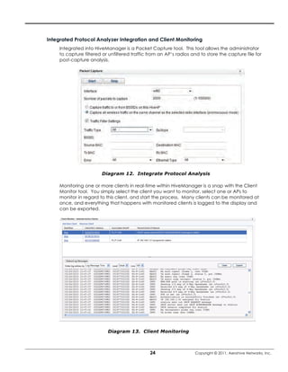 Integrated Protocol Analyzer Integration and Client Monitoring
     Integrated into HiveManager is a Packet Capture tool. This tool allows the administrator
     to capture filtered or unfiltered traffic from an AP’s radios and to store the capture file for
     post-capture analysis.




                        Diagram 12. Integrate Protocol Analysis

     Monitoring one or more clients in real-time within HiveManager is a snap with the Client
     Monitor tool. You simply select the client you want to monitor, select one or APs to
     monitor in regard to this client, and start the process. Many clients can be monitored at
     once, and everything that happens with monitored clients is logged to the display and
     can be exported.




                           Diagram 13. Client Monitoring



                                               24                   Copyright © 2011, Aerohive Networks, Inc.
 