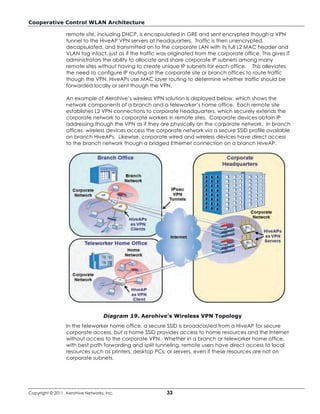 Cooperative Control WLAN Architecture

                  remote site, including DHCP, is encapsulated in GRE and sent encrypted though a VPN
                  tunnel to the HiveAP VPN servers at headquarters. Traffic is then unencrypted,
                  decapsulated, and transmitted on to the corporate LAN with its full L2 MAC header and
                  VLAN tag intact, just as if the traffic was originated from the corporate office. This gives IT
                  administrators the ability to allocate and share corporate IP subnets among many
                  remote sites without having to create unique IP subnets for each office. This alleviates
                  the need to configure IP routing at the corporate site or branch offices to route traffic
                  though the VPN. HiveAPs use MAC layer routing to determine whether traffic should be
                  forwarded locally or sent though the VPN.

                  An example of Aerohive’s wireless VPN solution is displayed below, which shows the
                  network components of a branch and a teleworker’s home office. Each remote site
                  establishes L2 VPN connections to corporate headquarters, which securely extends the
                  corporate network to corporate workers in remote sites. Corporate devices obtain IP
                  addressing though the VPN as if they are physically on the corporate network. In branch
                  offices, wireless devices access the corporate network via a secure SSID profile available
                  on branch HiveAPs. Likewise, corporate wired and wireless devices have direct access
                  to the branch network though a bridged Ethernet connection on a branch HiveAP.




                                    Diagram 19. Aerohive’s Wireless VPN Topology
                  In the teleworker home office, a secure SSID is broadcasted from a HiveAP for secure
                  corporate access, but a home SSID provides access to home resources and the Internet
                  without access to the corporate VPN. Whether in a branch or teleworker home office,
                  with best path forwarding and split tunneling, remote users have direct access to local
                  resources such as printers, desktop PCs, or servers, even if these resources are not on
                  corporate subnets.




Copyright © 2011, Aerohive Networks, Inc.                   33
 