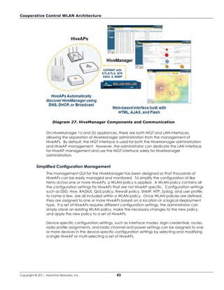 Cooperative Control WLAN Architecture




                      Diagram 27. HiveManager Components and Communication

                  On HiveManager 1U and 2U appliances, there are both MGT and LAN interfaces,
                  allowing the separation of HiveManager administration from the management of
                  HiveAPs. By default, the MGT interface is used for both the HiveManager administration
                  and HiveAP management. However, the administrator can dedicate the LAN interface
                  for HiveAP management and use the MGT interface solely for HiveManager
                  administration.


           Simplified Configuration Management
                  The management GUI for the HiveManager has been designed so that thousands of
                  HiveAPs can be easily managed and monitored. To simplify the configuration of like
                  items across one or more HiveAPs, a WLAN policy is applied. A WLAN policy contains all
                  the configuration settings for HiveAPs that are not HiveAP specific. Configuration settings
                  such as SSID, Hive, RADIUS, QoS policy, firewall policy, SNMP, NTP, Syslog, and user profile,
                  to name a few, are all included within a WLAN policy. Once WLAN policies are defined,
                  they are assigned to one or more HiveAPs based on a location or a logical deployment
                  type. If a set of HiveAPs requires different configuration settings, the administrator can
                  simply clone an existing WLAN policy, make the necessary changes to the new policy,
                  and apply the new policy to a set of HiveAPs.

                  Device-specific configuration settings, such as interface modes, login credentials, routes,
                  radio profile assignments, and radio channel and power settings can be assigned to one
                  or more devices in the device-specific configuration settings by selecting and modifying
                  a single HiveAP or multi-selecting a set of HiveAPs.




Copyright © 2011, Aerohive Networks, Inc.                  43
 