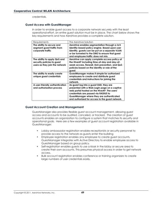 Cooperative Control WLAN Architecture

                  credentials.


           Guest Access with GuestManager
                  In order to enable guest access to a corporate network securely with the least
                  operational effort, an entire guest solution must be in place. The chart below shows the
                  key requirements and how Aerohive provides a complete solution.

                   Requirements                     The Aerohive Solution
                   The ability to secure and        Aerohive enables segmentation through a rich
                   segment guest traffic from       identity-based policy engine. Based upon user
                   corporate traffic                identity, guests can be put on a separate VLAN
                                                    or be tunneled to the DMZ to ensure that guest
                                                    and employee traffic does not mix.
                   The ability to apply QoS and     Aerohive can apply complete access policy at
                   security policies to guest       the HiveAP including time-of-day and day-of-
                   users as they join the network   week access, firewall, DoS prevention, and QoS
                                                    policies based on the identity or role of the
                                                    guest.
                   The ability to easily create     GuestManager makes it simple for authorized
                   unique guest credentials         employees to create and distribute guest
                                                    credentials and instructions for joining the
                                                    network.
                   A user-friendly authentication   As guest log into a guest SSID, they are
                   and authorization process        presented with a Web Login page on a captive
                                                    web portal hosted on the HiveAP. The users’
                                                    credentials are passed via RADIUS to
                                                    GuestManager where they are authenticated
                                                    and authorized for access to the guest network.


           Guest Account Creation and Management
                  GuestManager also provides flexible guest account management, allowing guest
                  access and accounts to be audited, canceled, or tracked. The creation of guest
                  accounts enables an organization to configure a system that matches its security and
                  operational goals. Here are a few examples of guest account registration available in
                  GuestManager:

                      •    Lobby ambassador registration enables receptionists or security personnel to
                           provide access to the network as guests enter the building
                      •    Employee registration enables any employee to create guest accounts.
                           GuestManager integrates with Active Directory to enable employee access to
                           GuestManager based on group policy.
                      •    Self-registration enables guests to use a kiosk in the lobby or secure area to
                           create their own accounts. This presumes physical access in order to get network
                           access.
                      •    Bulk account registration enables conference or training organizers to create
                           large numbers of user credentials easily.




Copyright © 2011, Aerohive Networks, Inc.                     49
 