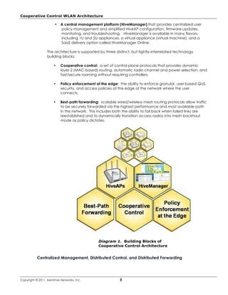 Cooperative Control WLAN Architecture

                       •   A central management platform (HiveManager) that provides centralized user
                           policy management and simplified HiveAP configuration, firmware updates,
                           monitoring, and troubleshooting. HiveManager is available in many flavors,
                           including 1U and 2U appliances, a virtual appliance (virtual machine), and a
                           SaaS delivery option called HiveManager Online.

                  The architecture is supported by three distinct, but tightly-interrelated technology
                  building blocks:

                      •    Cooperative control: a set of control-plane protocols that provides dynamic
                           layer 2 (MAC-based) routing, automatic radio channel and power selection, and
                           fast/secure roaming without requiring controllers.

                      •    Policy enforcement at the edge: the ability to enforce granular, user-based QoS,
                           security, and access policies at the edge of the network where the user
                           connects.

                      •    Best-path forwarding: scalable wired/wireless mesh routing protocols allow traffic
                           to be securely forwarded via the highest performance and most available path
                           in the network. This includes both the ability to fail back when failed links are
                           reestablished and to dynamically transition access radios into mesh backhaul
                           mode as policy dictates.




                                                Diagram 1. Building Blocks of
                                                Cooperative Control Architecture


           Centralized Management, Distributed Control, and Distributed Forwarding




Copyright © 2011, Aerohive Networks, Inc.                   5
 