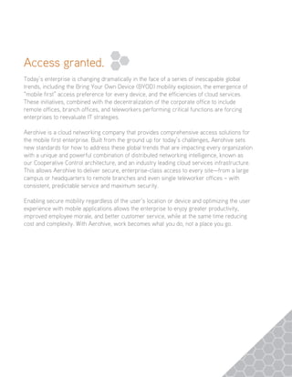 Access granted.
Today’s enterprise is changing dramatically in the face of a series of inescapable global
trends, including the Bring Your Own Device (BYOD) mobility explosion, the emergence of
“mobile first” access preference for every device, and the efficiencies of cloud services.
These initiatives, combined with the decentralization of the corporate office to include
remote offices, branch offices, and teleworkers performing critical functions are forcing
enterprises to reevaluate IT strategies.
Aerohive is a cloud networking company that provides comprehensive access solutions for
the mobile first enterprise. Built from the ground up for today’s challenges, Aerohive sets
new standards for how to address these global trends that are impacting every organization
with a unique and powerful combination of distributed networking intelligence, known as
our Cooperative Control architecture, and an industry leading cloud services infrastructure.
This allows Aerohive to deliver secure, enterprise-class access to every site—from a large
campus or headquarters to remote branches and even single teleworker offices – with
consistent, predictable service and maximum security.
Enabling secure mobility regardless of the user’s location or device and optimizing the user
experience with mobile applications allows the enterprise to enjoy greater productivity,
improved employee morale, and better customer service, while at the same time reducing
cost and complexity. With Aerohive, work becomes what you do, not a place you go.
 