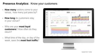 Copyright © 2016 - Cloud4wi
Presence Analytics: Know your customers
• How many visitors come to your
venue, how many just pass by?
• How long do customers stay
in your venue?
• Who are your most loyal
customers? How often do they
return?
• What time of the day, or day of the
week, sees the most foot traffic?
 