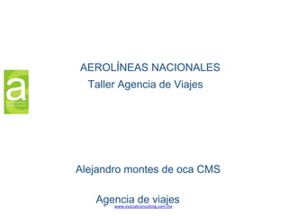 Agencia de viajes• www.esocialconsulting.com.mx
AEROLÍNEAS NACIONALES
Alejandro montes de oca CMS
Taller Agencia de Viajes
 