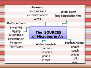     Aerosolsmachine fansair conditionersvents         Wind blown      long suspension timeMan's ActionsploughingdiggingexcavationconstructionirrigationfertilizersThe  SOURCES      of Microbes in AirHuman/Animalbreath coughsneezetalklaughWater dropletsfountainsstreams        ponds        rivers