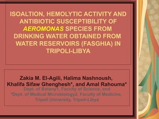 ISOALTION, HEMOLYTIC ACTIVITY AND
ANTIBIOTIC SUSCEPTIBILITY OF
AEROMONAS SPECIES FROM
DRINKING WATER OBTAINED FROM
WATER RESERVOIRS (FASGHIA) IN
TRIPOLI-LIBYA

Zakia M. El-Agili, Halima Nashnoush,
Khalifa Sifaw Ghenghesh*, and Amal Rahouma*
Dept. of Botany1, Faculty of Science, and
*Dept. of Medical Microbiology2, Faculty of Medicine,
Tripoli University, Tripoli-Libya

 
