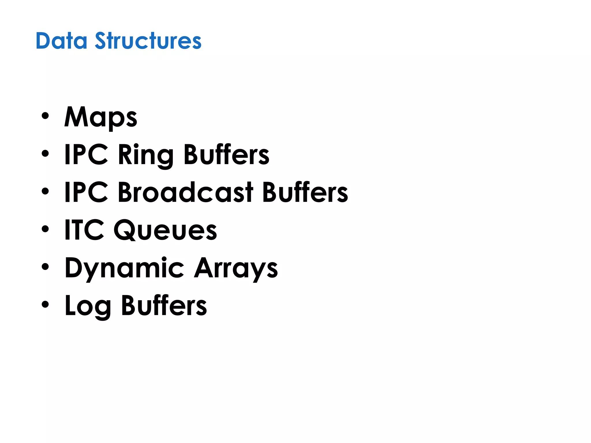 Data Structures
• Maps
• IPC Ring Buffers
• IPC Broadcast Buffers
• ITC Queues
• Dynamic Arrays
• Log Buffers
 