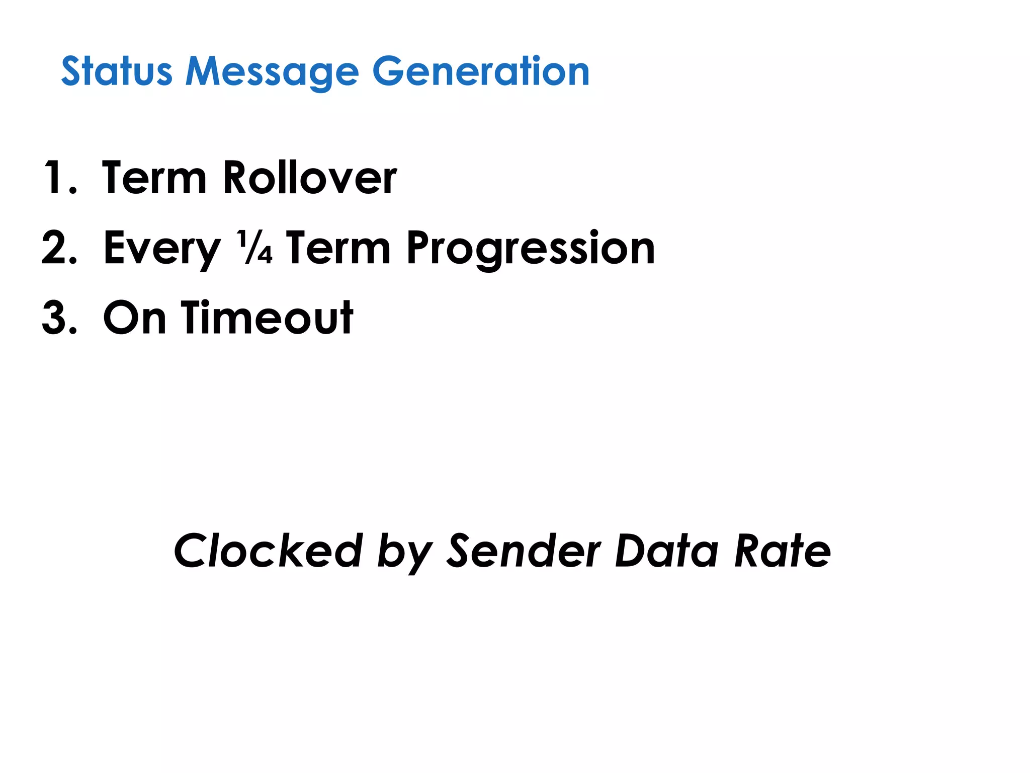 Status Message Generation
1. Term Rollover
2. Every ¼ Term Progression
3. On Timeout
Clocked by Sender Data Rate
 