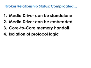 Broker Relationship Status: Complicated…
1. Media Driver can be standalone
2. Media Driver can be embedded
3. Core-to-Core memory handoff
4. Isolation of protocol logic
 