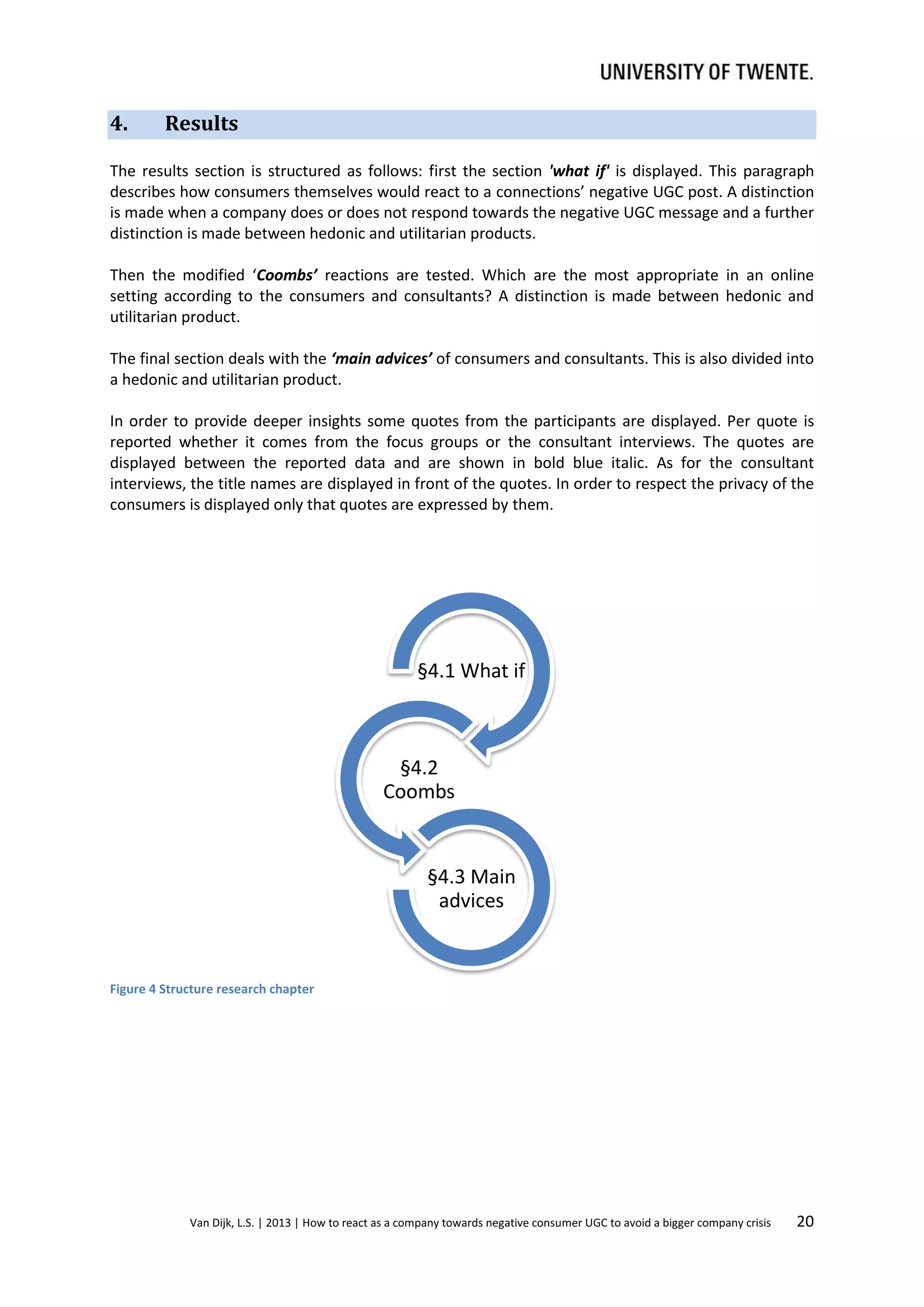 4.

Results

The results section is structured as follows: first the section 'what if' is displayed. This paragraph
describes how consumers themselves would react to a connections’ negative UGC post. A distinction
is made when a company does or does not respond towards the negative UGC message and a further
distinction is made between hedonic and utilitarian products.
Then the modified ‘Coombs’ reactions are tested. Which are the most appropriate in an online
setting according to the consumers and consultants? A distinction is made between hedonic and
utilitarian product.
The final section deals with the ‘main advices’ of consumers and consultants. This is also divided into
a hedonic and utilitarian product.
In order to provide deeper insights some quotes from the participants are displayed. Per quote is
reported whether it comes from the focus groups or the consultant interviews. The quotes are
displayed between the reported data and are shown in bold blue italic. As for the consultant
interviews, the title names are displayed in front of the quotes. In order to respect the privacy of the
consumers is displayed only that quotes are expressed by them.

§4.1 What if

§4.2
Coombs

§4.3 Main
advices

Figure 4 Structure research chapter

Van Dijk, L.S. | 2013 | How to react as a company towards negative consumer UGC to avoid a bigger company crisis

20

 