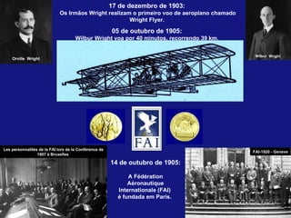 17 de dezembro de 1903:  Os Irmãos Wright realizam o primeiro voo de aeroplano chamado Wright Flyer.  05 de outubro de 1905:  Wilbur Wright voa por 40 minutos, recorrendo 39 km.  14 de outubro de 1905:  A Fédération Aéronautique Internationale (FAI)  é fundada em Paris.  Orville  Wright Wilbur  Wright Les personnalités de la FAI lors de la Conférence de 1907 à Bruxelles  FAI-1920 - Geneve 