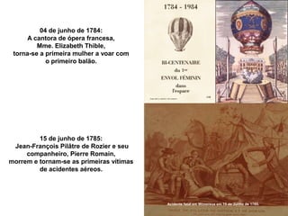 04 de junho de 1784:
A cantora de ópera francesa,
Mme. Elizabeth Thible,
torna-se a primeira mulher a voar com
o primeiro balão.

15 de junho de 1785:
Jean-François Pilâtre de Rozier e seu
companheiro, Pierre Romain,
morrem e tornam-se as primeiras vítimas
de acidentes aéreos.

Acidente fatal em Wimereux em 15 de Junho de 1785.

 