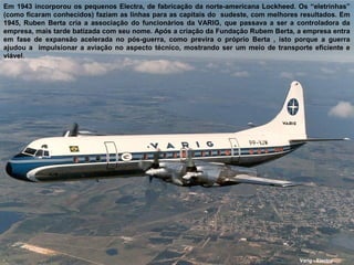 Em 1943 incorporou os pequenos Electra, de fabricação da norte-americana Lockheed. Os “eletrinhas”
(como ficaram conhecidos) faziam as linhas para as capitais do sudeste, com melhores resultados. Em
1945, Ruben Berta cria a associação do funcionários da VARIG, que passava a ser a controladora da
empresa, mais tarde batizada com seu nome. Após a criação da Fundação Rubem Berta, a empresa entra
em fase de expansão acelerada no pós-guerra, como previra o próprio Berta , isto porque a guerra
ajudou a impulsionar a aviação no aspecto técnico, mostrando ser um meio de transporte eficiente e
viável.

Varig - Electra

 