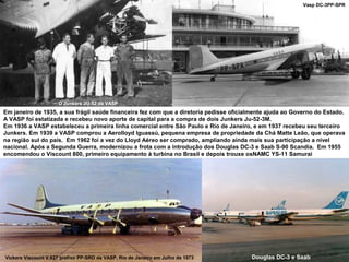 Vasp DC-3PP-SPR

O Junkers JU-52 da VASP

Em janeiro de 1935, a sua frágil saúde financeira fez com que a diretoria pedisse oficialmente ajuda ao Governo do Estado.
A VASP foi estatizada e recebeu novo aporte de capital para a compra de dois Junkers Ju-52-3M.
Em 1936 a VASP estabeleceu a primeira linha comercial entre São Paulo e Rio de Janeiro, e em 1937 recebeu seu terceiro
Junkers. Em 1939 a VASP comprou a Aerolloyd Iguassú, pequena empresa de propriedade da Chá Matte Leão, que operava
na região sul do país. Em 1962 foi a vez do Lloyd Aéreo ser comprado, ampliando ainda mais sua participação a nível
nacional. Após a Segunda Guerra, modernizou a frota com a introdução dos Douglas DC-3 e Saab S-90 Scandia. Em 1955
encomendou o Viscount 800, primeiro equipamento à turbina no Brasil e depois trouxe osNAMC YS-11 Samurai

Vickers Viscount V.827 prefixo PP-SRD da VASP, Rio de Janeiro em Julho de 1973

Douglas DC-3 e Saab

 