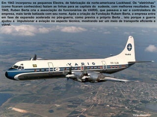 Varig - Electra Em 1943 incorporou os pequenos Electra, de fabricação da norte-americana Lockheed. Os “eletrinhas” (como ficaram conhecidos) faziam as linhas para as capitais do  sudeste, com melhores resultados. Em 1945, Ruben Berta cria a associação do funcionários da VARIG, que passava a ser a controladora da empresa, mais tarde batizada com seu nome. Após a criação da Fundação Rubem Berta, a empresa entra em fase de expansão acelerada no pós-guerra, como previra o próprio Berta , isto porque a guerra ajudou a  impulsionar a aviação no aspecto técnico, mostrando ser um meio de transporte eficiente e viável. 