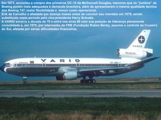 Em 1973, anunciou a compra dos primeiros DC-10 da McDonnell Douglas, menores que os “jumbos” da Boeing porém mais adequados à demanda brasileira, além de apresentarem a mesma qualidade técnica dos Boeing 747, maior flexibilidade e  menor custo operacional. Erik de Carvalho é afastado por doença meses antes de concluir seu mandato em 1979, sendo substituído neste período pelo vice-presidente Harry Schuetz. A VARIG encerra a década de 70 e entra nos anos 80 com sua posição de liderança plenamente consolidada e, em 1975, por intermédio da FRB (Fundação Ruben Berta), assume o controle da Cruzeiro do Sul, afetada por sérias dificuldades financeiras. 