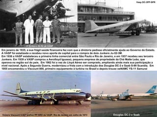 O Junkers JU-52 da VASP Vasp DC-3PP-SPR Vickers Viscount V.827 prefixo PP-SRD da VASP, Rio de Janeiro em Julho de 1973 Douglas DC-3 e Saab Em janeiro de 1935, a sua frágil saúde financeira fez com que a diretoria pedisse oficialmente ajuda ao Governo do Estado.  A VASP foi estatizada e recebeu novo aporte de capital para a compra de dois Junkers Ju-52-3M. Em 1936 a VASP estabeleceu a primeira linha comercial entre São Paulo e Rio de Janeiro, e em 1937 recebeu seu terceiro Junkers. Em 1939 a VASP comprou a Aerolloyd Iguassú, pequena empresa de propriedade da Chá Matte Leão, que operava na região sul do país.  Em 1962 foi a vez do Lloyd Aéreo ser comprado, ampliando ainda mais sua participação a nível nacional. Após a Segunda Guerra, modernizou a frota com a introdução dos Douglas DC-3 e Saab S-90 Scandia.  Em 1955 encomendou o Viscount 800, primeiro equipamento à turbina no Brasil e depois trouxe osNAMC YS-11 Samurai 