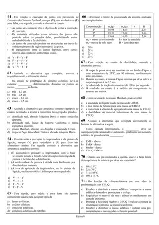Página 9
62 – Assinale a alternativa que completa, correta e
respectivamente, a afirmação abaixo.
No ensaio de penetração do cimento asfáltico, deve-se
executar __________ determinações, distando os pontos ao
menos _________ da borda.
a) três – 1,0 cm
b) três – 0,5 cm
c) cinco – 1,0 cm
d) cinco – 0,5 cm
61 – Em relação à execução de juntas em pavimento de
Concreto de Cimento Portland, marque (V) para verdadeira e (F)
para falsa; em seguida, assinale a alternativa correta.
( ) As juntas de contração têm o objetivo de evitar a contração
do concreto.
( ) Os materiais utilizados como selantes das juntas não
poderão aderir às paredes delas, possibilitando maior
trabalhabilidade e flexibilidade.
( ) As juntas de contração podem ser executadas por meio do
enfraquecimento da seção transversal da placa.
( ) O espaçamento entre as juntas depende, entre outros
fatores, das condições ambientais locais.
a) V – F – V – F
b) F – V – F – V
c) F – F – V – V
d) V – V – F – F
64 – Considerando a execução da imprimadura e da pintura de
ligação, marque (V) para verdadeiro e (F) para falso nas
afirmativas abaixo. Em seguida assinale a alternativa que
apresenta a sequência correta:
( ) É aconselhável proceder à imprimadura com a base
levemente úmida, a fim de evitar absorção muito rápida da
pintura e facilitar-lhe a distribuição.
( ) A uniformidade da pintura é obtida mais facilmente por
distribuidores manuais.
( ) A taxa de aplicação da imprimadura, ou da pintura de
ligação, oscila entre 0,8 e 1,6 litro por metro quadrado.
a) V – F – V
b) V – F – F
c) F – V – V
d) F – F – V
63 – Assinale a alternativa que apresenta somente exemplos de
ensaios destinados a avaliar a resistência dos agregados graúdos.
a) densidade real, abrasão Máquina Deval e massa específica
aparente.
b) densidade real, Índice de Suporte Califórnia e massa
específica aparente.
c) ensaio Marshall, abrasão Los Angeles e tenacidade Treton.
d) impacto Page, tenacidade Treton e abrasão máquina Deval.
66 – Determine o limite de plasticidade da amostra analisada
no exemplo abaixo.
Determinação mh (g) ms (g) h D
1ª 16,94 14,00 2,64
2ª 18,30 15,00 2,64
3ª 19,68 16,00 2,64
mh = massa de solo úmido h = teor de umidade
ms = massa de solo seco D = densidade real
a) 20%
b) 21%
c) 22%
d) 23%
65 – Cura rápida, cura média e cura lenta são termos
comumente usados para designar tipos de
a) lamas asfálticas.
b) asfaltos diluídos.
c) emulsões asfálticas.
d) cimentos asfálticos de petróleo.
67 – Com relação ao ensaio de ductilidade, assinale a
alternativa correta.
a) O corpo de prova deve ser mantido em um banho d’água, a
uma temperatura de 55ºC, por 90 minutos, imediatamente
antes do ensaio.
b) Durante o ensaio, a lâmina d’água mínima que deve cobrir o
corpo-de-prova é de 2,5 cm.
c) A velocidade de tração da amostra é de 100 m por segundo.
d) O resultado do ensaio é a medida do alongamento da
amostra em metros.
68 – Com a execução do ensaio Marshall, pode-se obter
a) a qualidade do ligante usado na massa de CBUQ.
b) o teor ótimo de betume para uma massa de CBUQ.
c) a resistência à abrasão do agregado de uma massa de CBUQ.
d) a ductilidade do material betuminoso de uma massa de
CBUQ.
69 – Assinale a alternativa que completa corretamente as
lacunas da afirmativa a seguir.
Como camada intermediária, o __________ deve ser
superposto pela camada de revestimento, geralmente um concreto
asfáltico de granulometria __________.
a) PMF – aberta
b) PMQ – densa
c) binder – densa
d) CBUQ – aberta
70 – Quanto aos pré-misturados a quente, qual é a faixa limite
de temperatura da mistura que deve ser respeitada?
a) 10 a 15ºC
b) 35 a 70ºC
c) 71 a 105ºC
d) 107 a 177ºC
71 – São funções da vibro-acabadora em uma obra de
pavimentação com CBUQ:
a) Receber e distribuir a massa asfáltica / compactar a massa
asfáltica deixando-a pronta para o tráfego.
b) Regularizar o material da base / efetuar o espalhamento em
camada uniforme.
c) Preparar a base para receber o CBUQ / realizar a pintura de
sinalização horizontal de maneira uniforme.
d) Receber e distribuir a massa asfáltica / realizar uma pré-
compactação o mais regular e eficiente possível.
 
