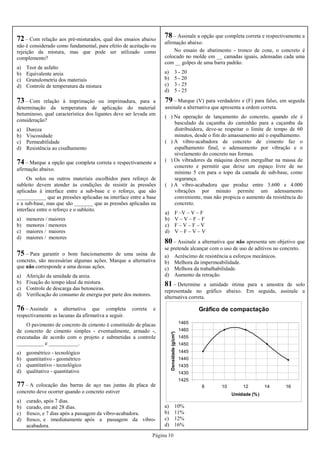 Página 10
73 – Com relação à imprimação ou imprimadura, para a
determinação da temperatura de aplicação do material
betuminoso, qual característica dos ligantes deve ser levada em
consideração?
a) Dureza
b) Viscosidade
c) Permeabilidade
d) Resistência ao cisalhamento
72 – Com relação aos pré-misturados, qual dos ensaios abaixo
não é considerado como fundamental, para efeito de aceitação ou
rejeição da mistura, mas que pode ser utilizado como
complemento?
a) Teor de asfalto
b) Equivalente areia
c) Granulometria dos materiais
d) Controle de temperatura da mistura
74 – Marque a opção que completa correta e respectivamente a
afirmação abaixo.
Os solos ou outros materiais escolhidos para reforço de
subleito devem atender às condições de resistir às pressões
aplicadas à interface entre a sub-base e o reforço, que são
___________ que as pressões aplicadas na interface entre a base
e a sub-base, mas que são _______ que as pressões aplicadas na
interface entre o reforço e o subleito.
a) menores / maiores
b) menores / menores
c) maiores / maiores
d) maiores / menores
75 – Para garantir o bom funcionamento de uma usina de
concreto, são necessárias algumas ações. Marque a alternativa
que não corresponde a uma dessas ações.
a) Aferição da umidade da areia.
b) Fixação do tempo ideal da mistura.
c) Controle de descarga das betoneiras.
d) Verificação do consumo de energia por parte dos motores.
76 – Assinale a alternativa que completa correta e
respectivamente as lacunas da afirmativa a seguir.
O pavimento de concreto de cimento é constituído de placas
de concreto de cimento simples - eventualmente, armado -,
executadas de acordo com o projeto e submetidas a controle
__________ e ___________.
a) geométrico - tecnológico
b) quantitativo - geométrico
c) quantitativo - tecnológico
d) qualitativo - quantitativo
78 – Assinale a opção que completa correta e respectivamente a
afirmação abaixo.
No ensaio de abatimento - tronco de cone, o concreto é
colocado no molde em __ camadas iguais, adensadas cada uma
com __ golpes de uma barra padrão.
a) 3 - 20
b) 5 - 20
c) 3 - 25
d) 5 - 25
77 – A colocação das barras de aço nas juntas da placa de
concreto deve ocorrer quando o concreto estiver
a) curado, após 7 dias.
b) curado, em até 28 dias.
c) fresco, e 7 dias após a passagem da vibro-acabadora.
d) fresco, e imediatamente após a passagem da vibro-
acabadora.
79 – Marque (V) para verdadeiro e (F) para falso, em seguida
assinale a alternativa que apresenta a ordem correta.
( ) Na operação de lançamento do concreto, quando ele é
basculado da caçamba do caminhão para a caçamba da
distribuidora, deve-se respeitar o limite de tempo de 60
minutos, desde o fim do amassamento até o espalhamento.
( ) A vibro-acabadora de concreto de cimento faz o
espalhamento final, o adensamento por vibração e o
nivelamento do concreto nas formas.
( ) Os vibradores da máquina devem mergulhar na massa de
concreto e permitir que deixe um espaço livre de no
mínimo 5 cm para o topo da camada de sub-base, como
segurança.
( ) A vibro-acabadora que produz entre 3.600 e 4.000
vibrações por minuto permite um adensamento
conveniente, mas não propicia o aumento da resistência do
concreto.
a) F –V – V – F
b) V – V – F – F
c) F – V – F – V
d) V – F – V – V
80 – Assinale a alternativa que não apresenta um objetivo que
se pretende alcançar com o uso de uso de aditivos no concreto.
a) Acréscimo de resistência a esforços mecânicos.
b) Melhora da impermeabilidade.
c) Melhora da trabalhabilidade.
d) Aumento da retração.
81 – Determine a umidade ótima para a amostra de solo
representada no gráfico abaixo. Em seguida, assinale a
alternativa correta.
Gráfico de compactação
1425
1430
1435
1440
1445
1450
1455
1460
1465
8 10 12 14 16
Umidade (%)
Densidade(g/cm³)
a) 10%
b) 11%
c) 12%
d) 16%
 