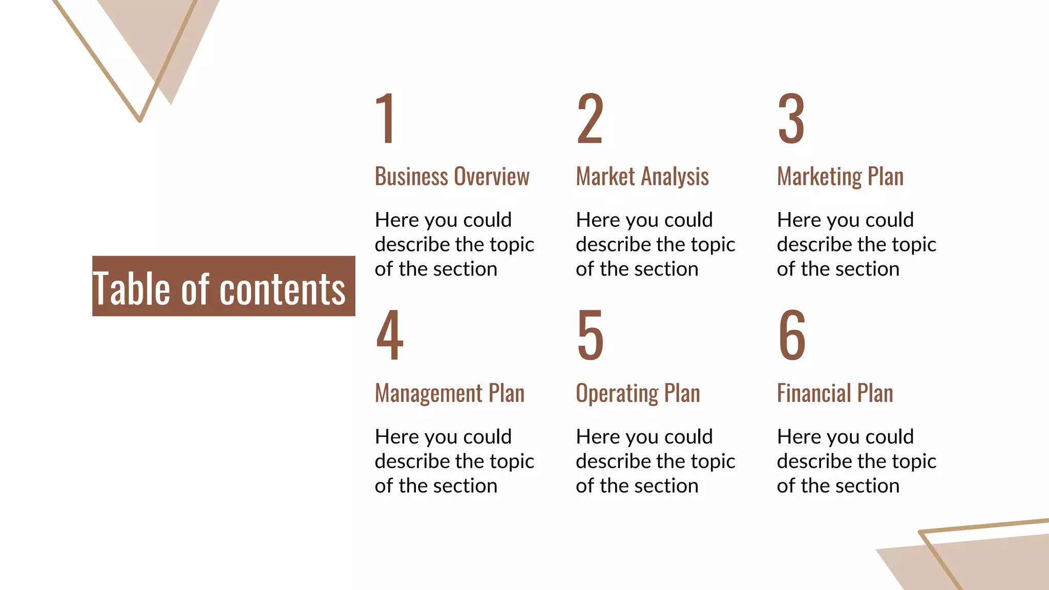 2
5
1
Here you could
describe the topic
of the section
4
3
Table of contents
Business Overview
Here you could
describe the topic
of the section
Market Analysis
Here you could
describe the topic
of the section
Marketing Plan
Here you could
describe the topic
of the section
Management Plan
Here you could
describe the topic
of the section
Operating Plan
Here you could
describe the topic
of the section
Financial Plan
6
 