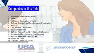 Companies in this field
1. Hindustan Aeronautics Limited
2. ISRO
3. Helicopter Corporation of India
4. Defense Research and Development Organization
5. Air India
6. Civil Aviation Department
7. Indian Coast Guard
8. Defense Research and Development Laboratory
9. Aeronautical Development Establishment
10. National Aerospace Laboratories
11. Private Air Lines
12. Mahindra Defense Systems
 