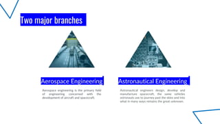 Astronautical engineers design, develop and
manufacture spacecraft, the same vehicles
astronauts use to journey past the skies and into
what in many ways remains the great unknown.
Astronautical Engineering
Aerospace engineering is the primary field
of engineering concerned with the
development of aircraft and spacecraft.
Aerospace Engineering
Two major branches
 