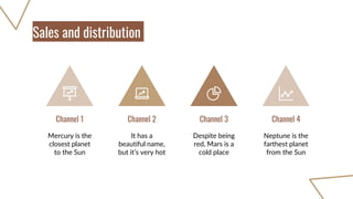 Mercury is the
closest planet
to the Sun
It has a
beautiful name,
but it’s very hot
Channel 2
Despite being
red, Mars is a
cold place
Channel 3
Neptune is the
farthest planet
from the Sun
Channel 4
Sales and distribution
Channel 1
 
