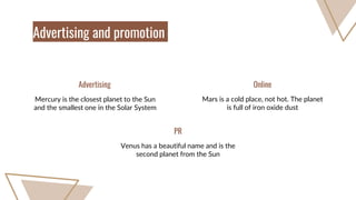 Mercury is the closest planet to the Sun
and the smallest one in the Solar System
Venus has a beautiful name and is the
second planet from the Sun
PR
Mars is a cold place, not hot. The planet
is full of iron oxide dust
Online
Advertising and promotion
Advertising
 