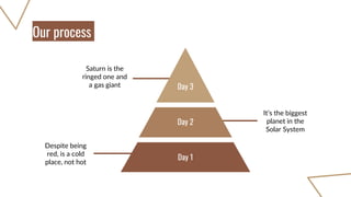 Our process
Despite being
red, is a cold
place, not hot
Day 1
It’s the biggest
planet in the
Solar System
Saturn is the
ringed one and
a gas giant Day 3
Day 2
 