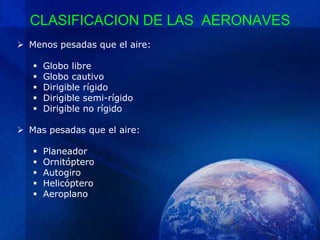 CLASIFICACION DE LAS AERONAVES
 Menos pesadas que el aire:

      Globo libre
      Globo cautivo
      Dirigible rígido
      Dirigible semi-rígido
      Dirigible no rígido

 Mas pesadas que el aire:

      Planeador
      Ornitóptero
      Autogiro
      Helicóptero
      Aeroplano
 