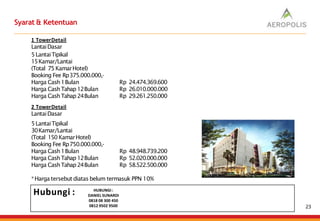 Syarat & Ketentuan
1 TowerDetail
LantaiDasar
5LantaiTipikal
15Kamar/Lantai
(Total 75 KamarHotel)
Booking Fee Rp375.000.000,-
Harga Cash1Bulan Rp 24.474.369.600
Harga CashTahap 12Bulan Rp 26.010.000.000
Harga CashTahap 24Bulan Rp 29.261.250.000
2 TowerDetail
LantaiDasar
5LantaiTipikal
30Kamar/Lantai
(Total 150 KamarHotel)
Booking Fee Rp750.000.000,-
Harga Cash1Bulan Rp 48.948.739.200
Harga CashTahap 12Bulan Rp 52.020.000.000
Harga CashTahap 24Bulan Rp 58.522.500.000
23
*Harga tersebut diatas belum termasuk PPN 10%
Hubungi : HUBUNGI:
DANIEL SUNARDI
0818 08 300 450
0812 9502 9500
 